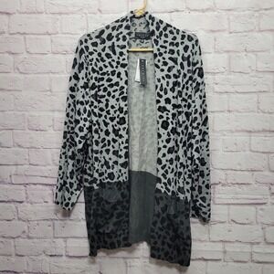 NEW PREMISE Gray Leopard Open Front Cardigan Sweater Women 2X Cozy Knit Business